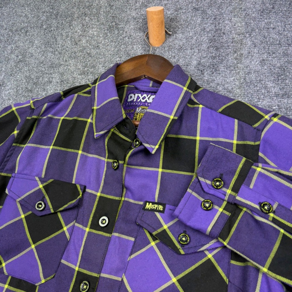 Dixxon Flannel Misfits Earth AD Shirt Womens Medium Purple Black Plaid D-Tech